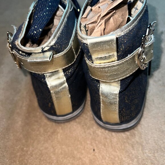 AppleBottom Sz 8 Youth Hightop Gold Denim Blue Sparkle Bling Sneakers S04 - Picture 3 of 7